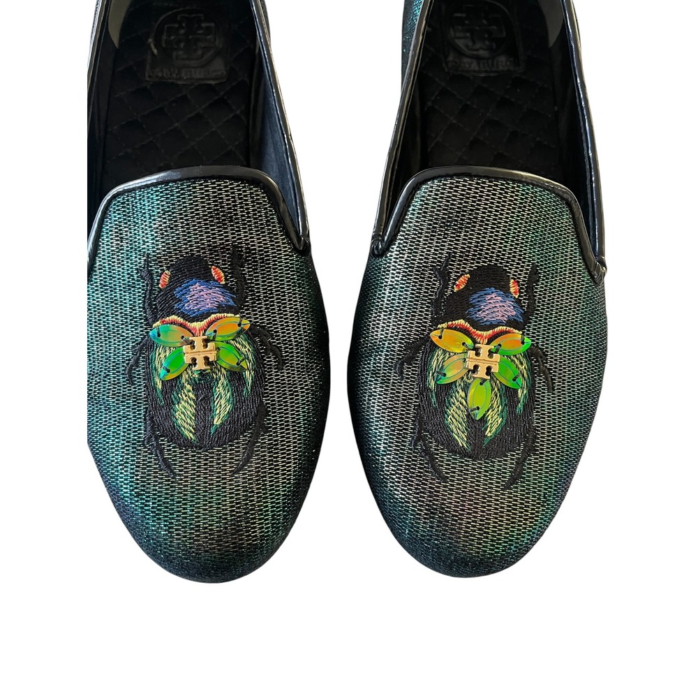 TORY BURCH Cailyn Holographic Scarab Beetle Iridescent Embroidered Loafer Flats - Picture 4 of 12